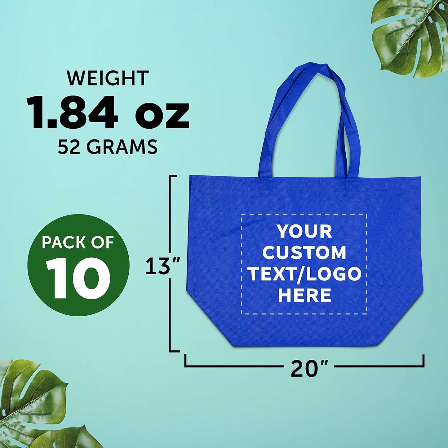 DISCOUNT PROMOS Custom Southern Style Grocery Tote Bags Set of 10 - Personalized Bulk Pack, Reusable Grocery & Shopping Bags - Great for Travel, Carry on Bag, Business Promotions - Blue - 20"X13"X8"
