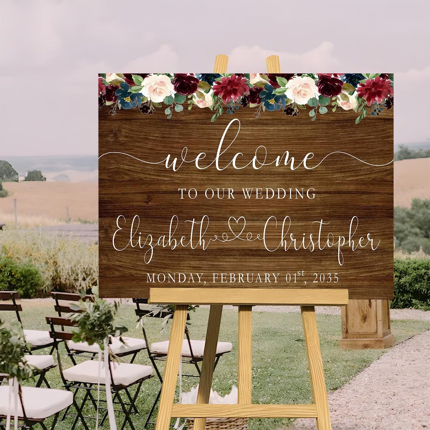 Welcome Sign With Stand - Our Forever Sign In Board, Rustic Decorations for Wedding Ceremony, Decorative Signage