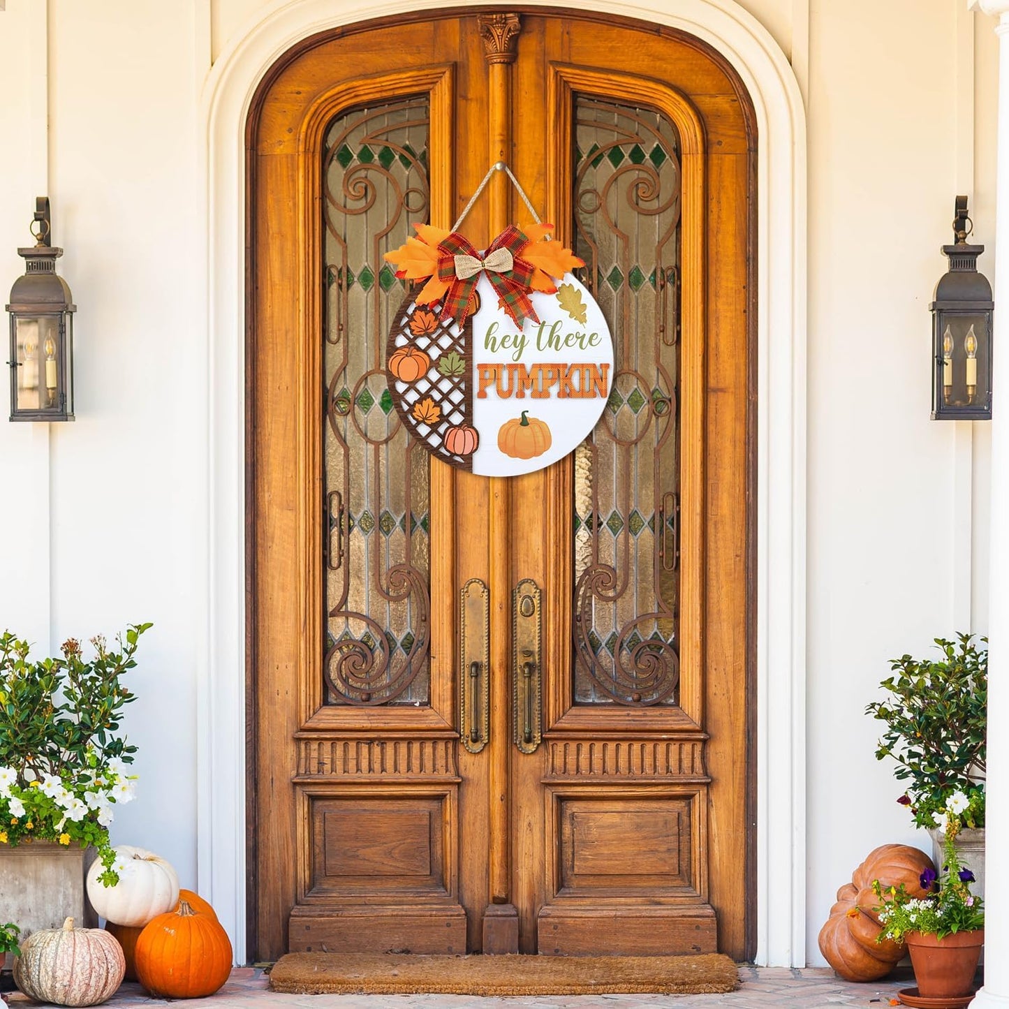 CHDITB Hey There Pumpkin Front Door Sign Wreath(12"x12"), Wooden 3D Hello Fall Autumn Decoration Wall Hanging, Rustic Welcome Home Decor Hanger for Porch Outdoor Thanksgiving