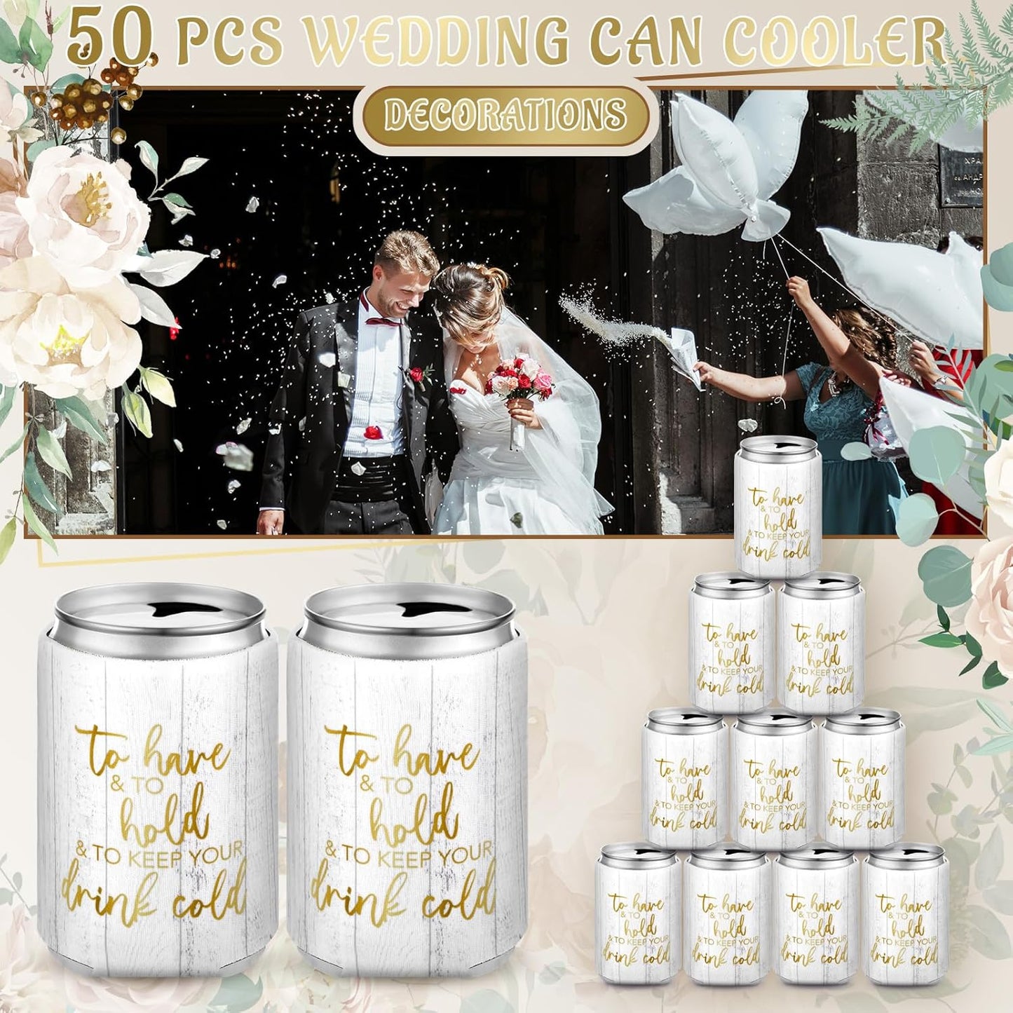 50 Pieces Wood Grain Wedding Can Cooler Sleeves Bulk Engagement Party Favors for Guests Cheers to Love Laughter and Happily Ever After Rehearsal Dinner Decorations for Wedding Bridal