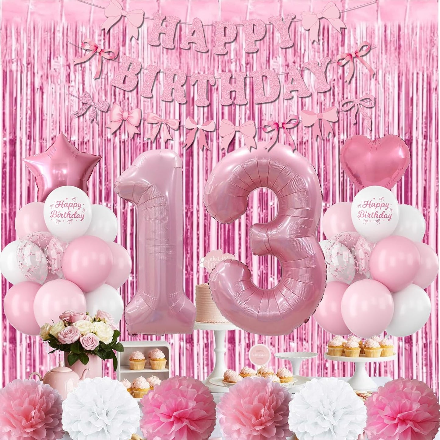 13th Birthday Decorations for Girls Pink Number 13 Balloon Bow Coquette Happy Birthday Banner Fringe Curtain Paper Pom Poms Star Heart Foil Pink White Balloons 13 Year Old Party Decor