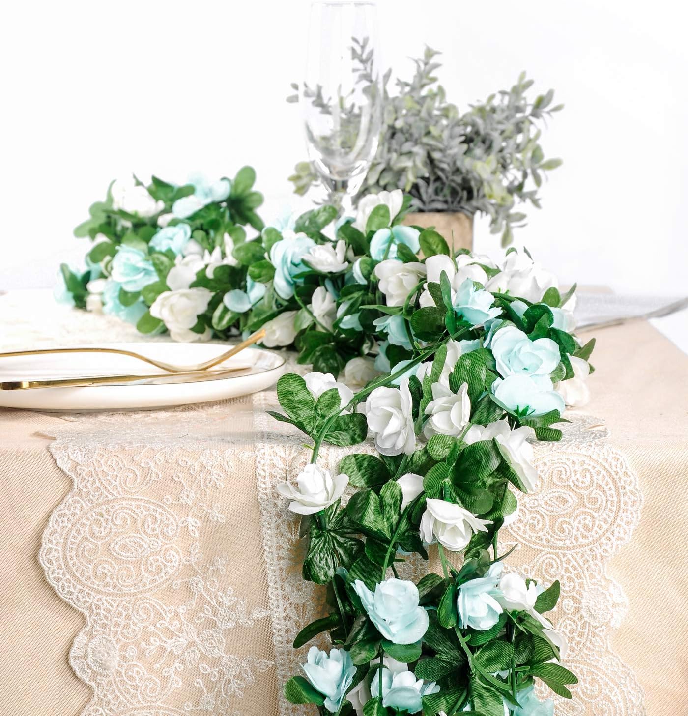 Miracliy 9Pcs 74FT Blue and White Flower Garland Artificial Rose Arch Vines Fake Spring Floral Garland for Flower Wall Backdrop Wedding Mothers Day Garden Tea Party Decoration