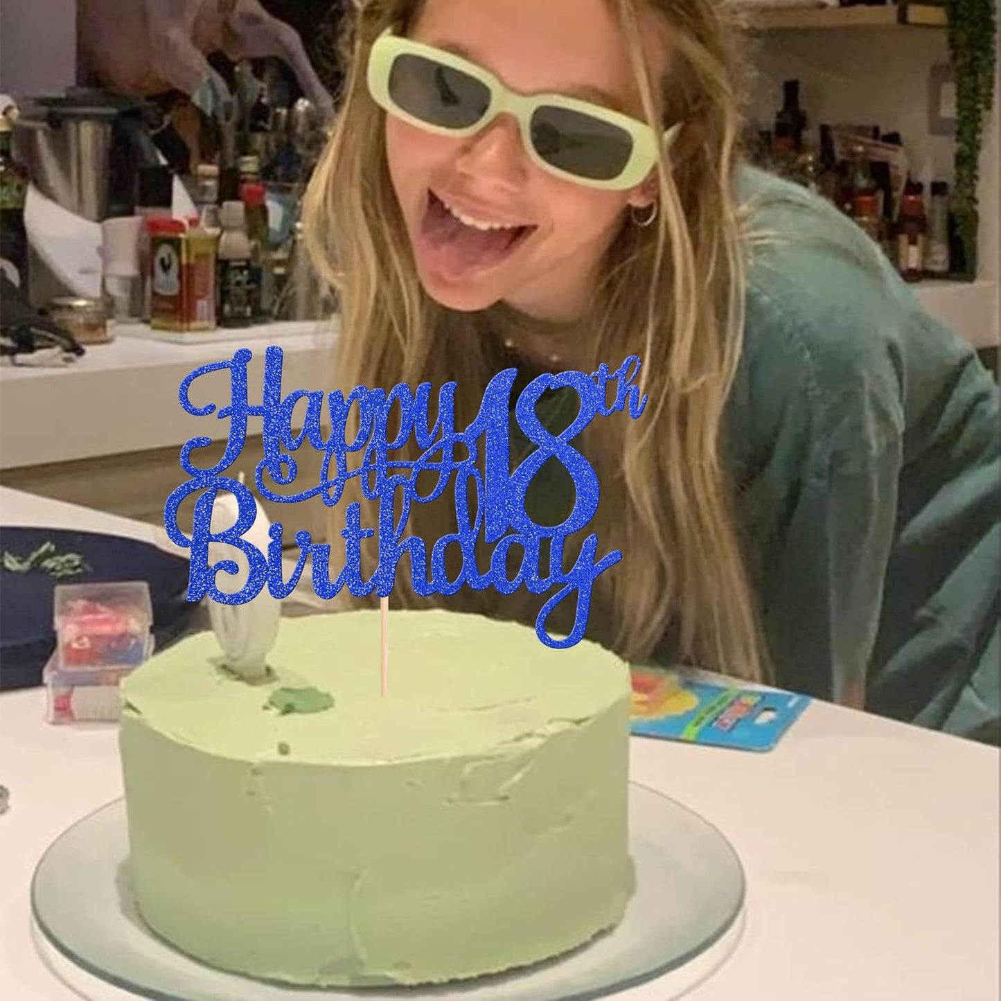 1 PCS Happy 18th Birthday Cake Topper Glitter Cheers to 18 Years Birthday Cake Pick 18 Fabulous Cake Decoration for Happy 18th Birthday Theme Party Decorations Supplies Blue