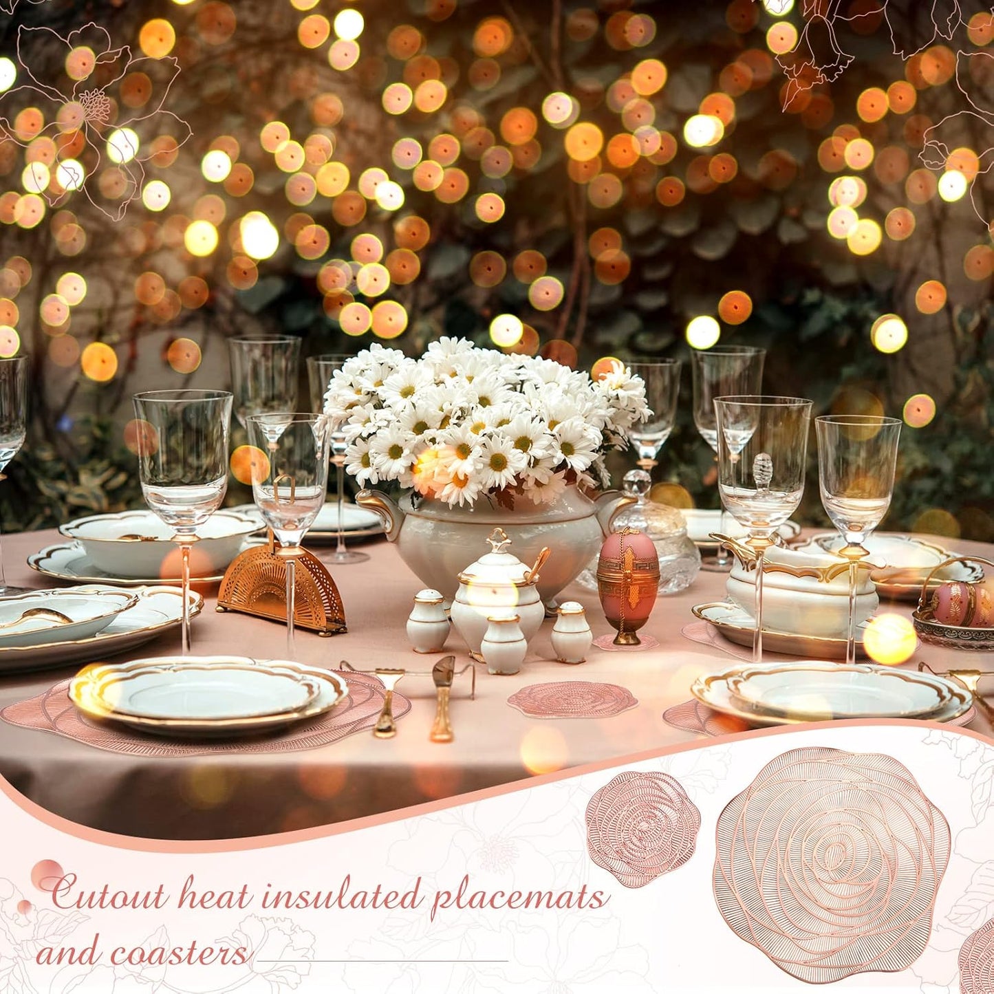 Sieral 48 Set 15 Inch Round Pressed Vinyl Placemats Hollow Out Rose Placemat Set Metallic Slip Resistant Place Mat Coaster Including Place Mats and Coasters for Wedding Dining Kitchen (Rose Gold)