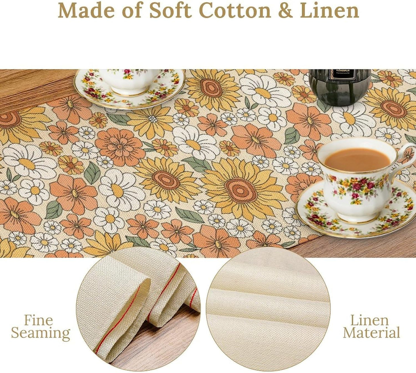 Vintage Floral Table Runner,Boho 70s Style Retro Daisies Flower Table Runner for Kitchen Dining Table Home Party Decoration 13x90 Inch