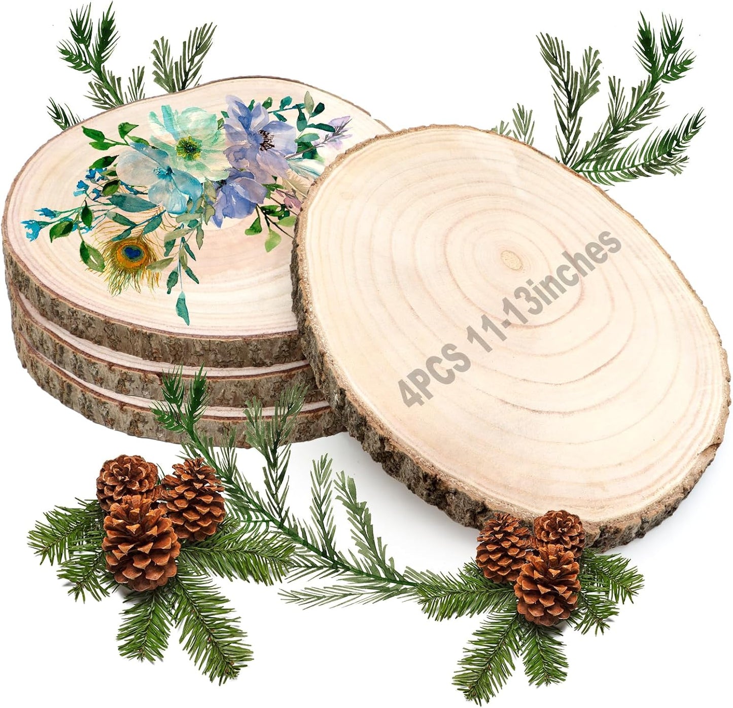 ZOCONE 4 Pcs Large Wood Slices 11-13 Inches Unfinished Rounds, Natural Paulownia Wooden Slices for Centerpieces, Round Wooden Discs Decoration with Bark, Wood Circles for Centerpieces for Painting