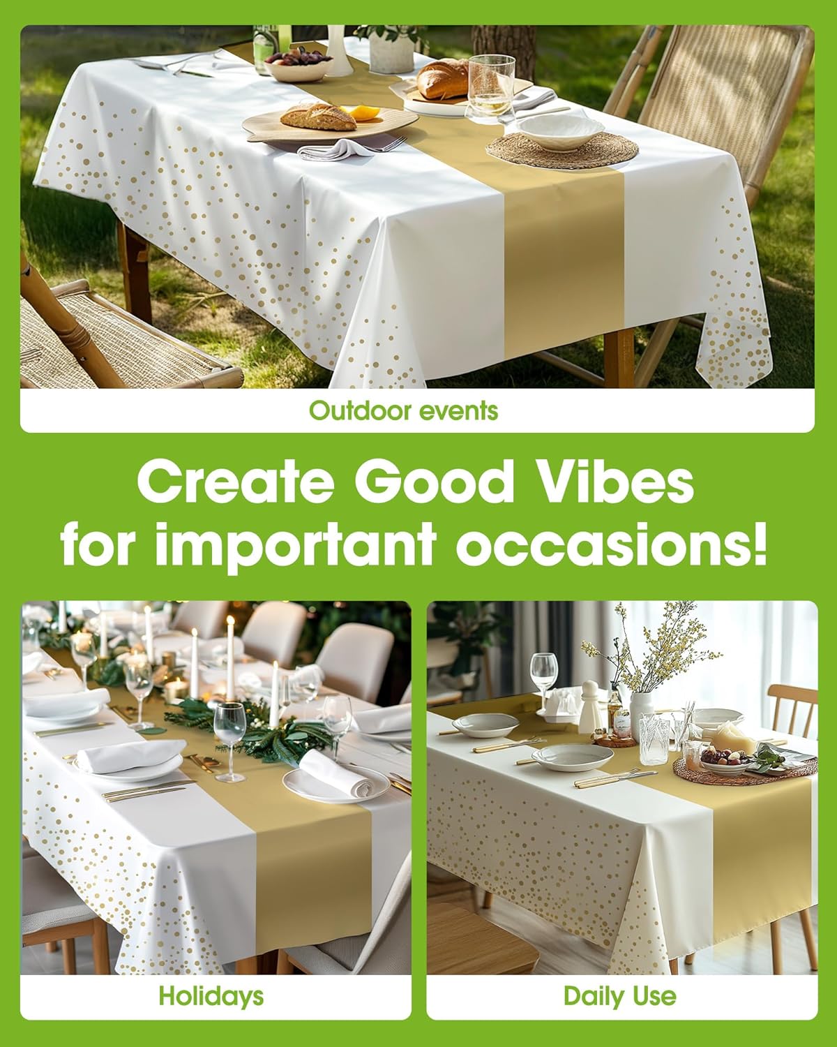 Pureegg Plastic Table Cloth Disposable 10 Pack, 54 x 108 Inch, Table Runner Style, Graduation Decorations 2025, Party Tablecloths, Rectangle, Plastic Cover, Leakproof & Sturdy, White Gold