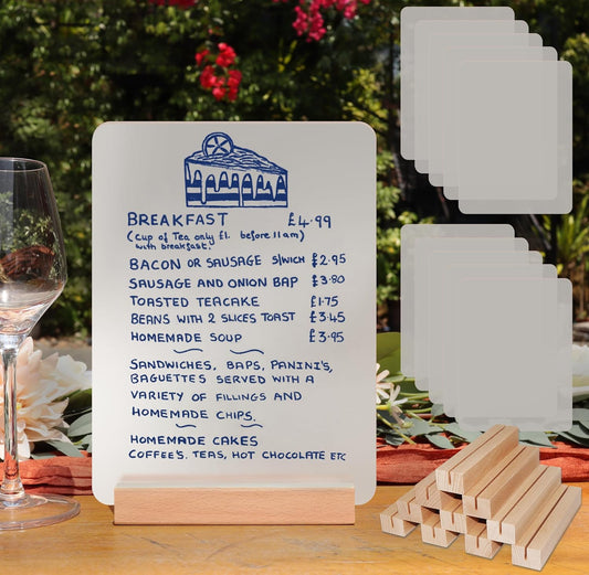 Frosted Blank Acrylic Sign with Wooden Stands - 10 Pack DIY Rectangle Customizable Sign Kit for Wedding Table Numbers, Restaurant Party Bridal Shower (6x8 Inch)