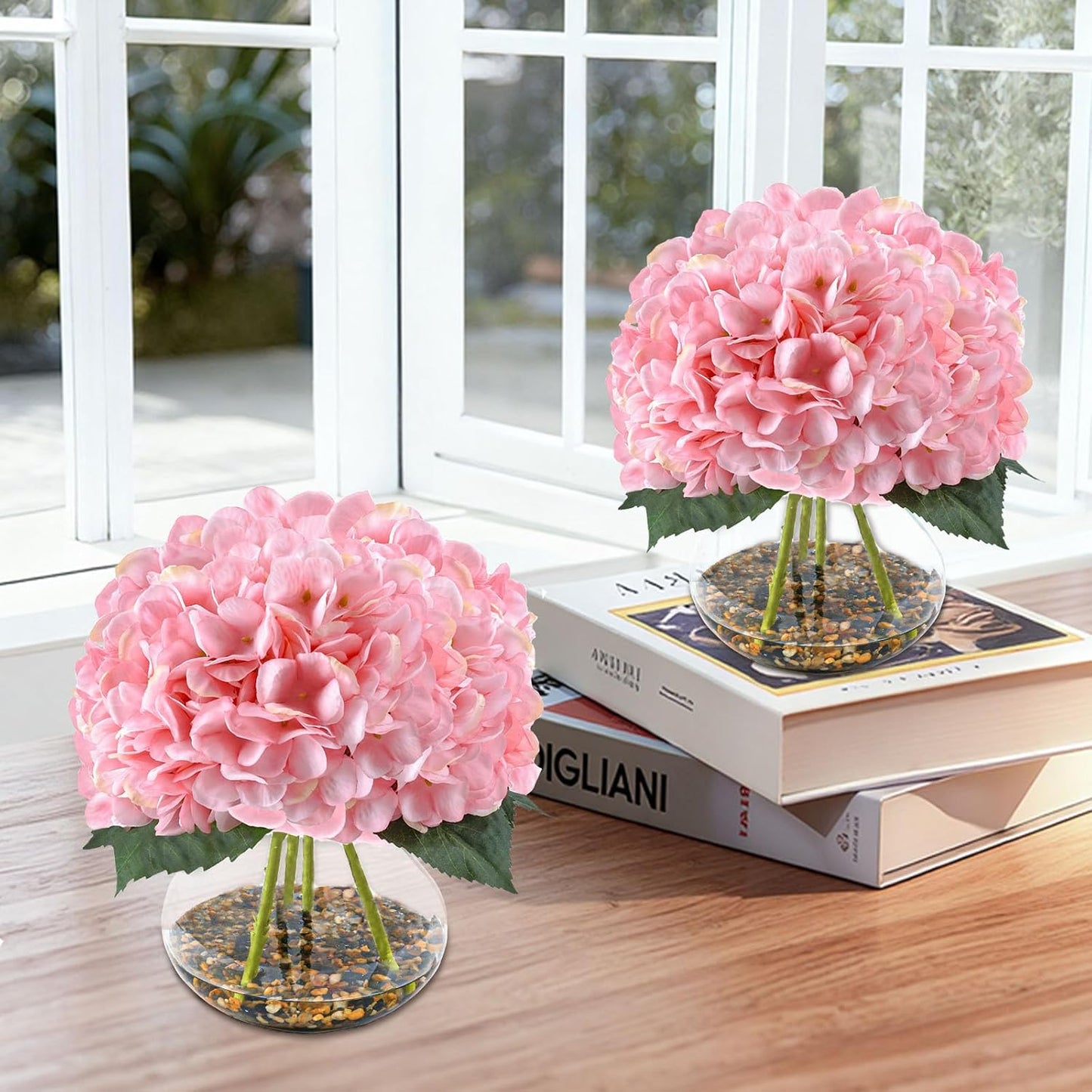 N&T NIETING Artificial Hydrangea Flowers with Vase Pink Silk Fake Flowers Faux Hydrangea Flowers with Faux Water Riverstones for Home Office Table Room Wedding Centerpiece Decorations