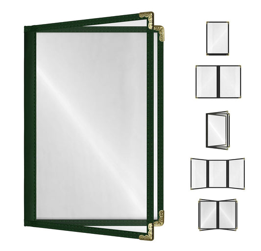 Goodsmart Restaurant Menu Covers – 25 Pack Green 4-View, Side-Loading Menu Holders, Vinyl & Plastic Café Menu Covers, Clear Menu Sleeves, Fits 5.5" x 8.5", Leather-Style Design, Gold Corners