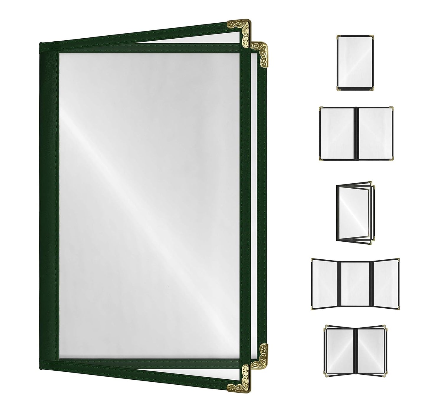 Goodsmart Restaurant Menu Covers – Green 25 Pack, 4-View 8.5" x 14", Side-Loading Vinyl & Plastic Menu Holders, Clear Menu Sleeves, Leather-Style Café Covers with Gold Corners