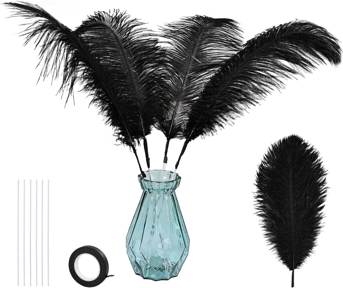 Bulk Black Ostrich Feathers - 12Pcs 12-14inch Crafting Supplies for Centerpiece Table Decorations (Black)