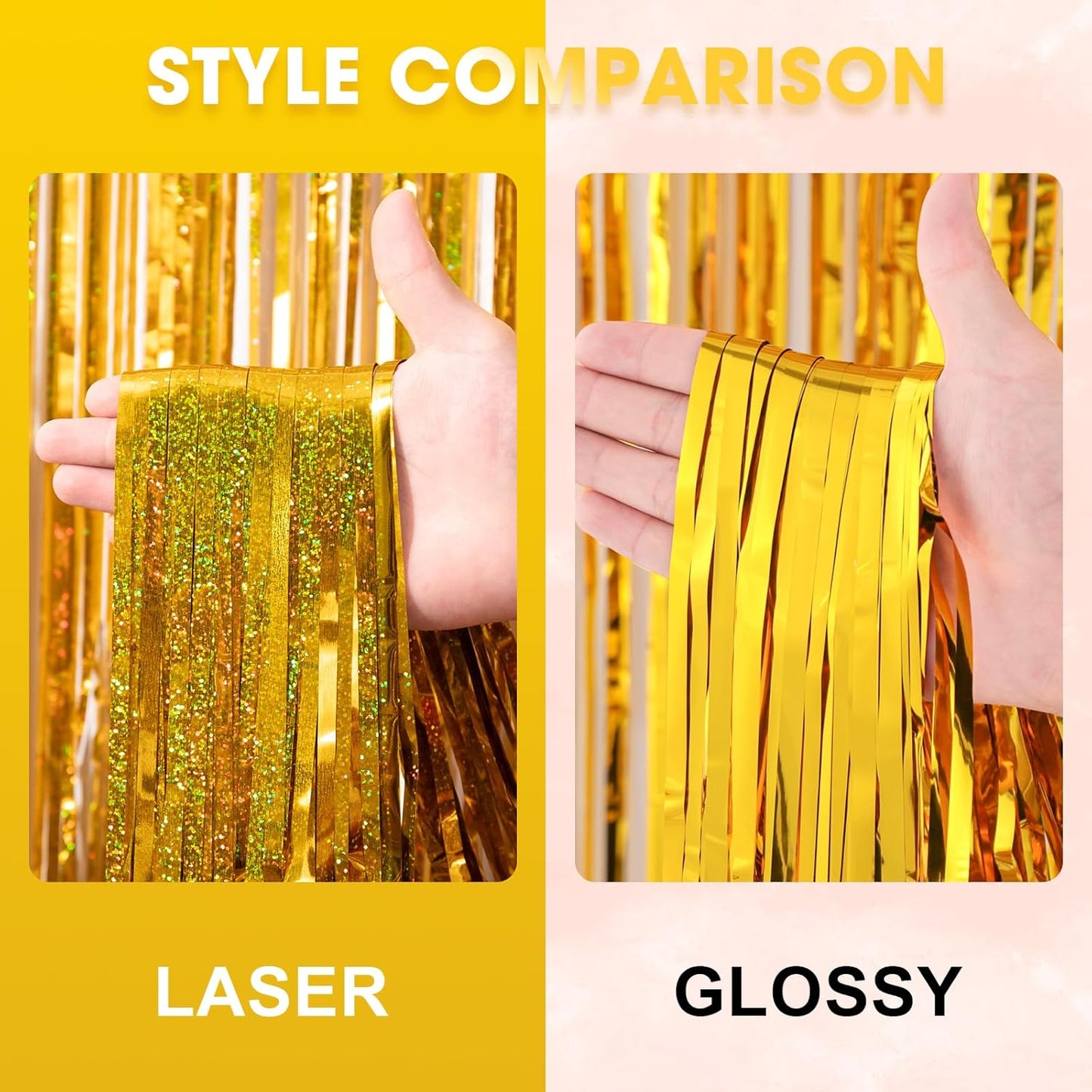 2 Pack Laser Gold Tinsel Foil Fringe Curtains, Gold Party Decorations, Metallic Tinsel Party Streamers Backdrop for Birthday Baby Shower Graduation Wedding New Years Party Decorations