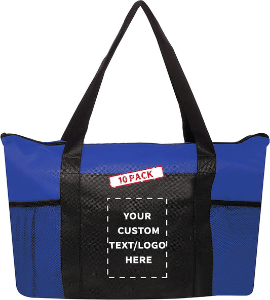 DISCOUNT PROMOS 10 Zippered Non-Woven Tote Bags Set - Customizable Text, Logo - Mesh Pocket, Zippered, Recyclable, Reusable - Blue - 19"X14"X3", with Zipper