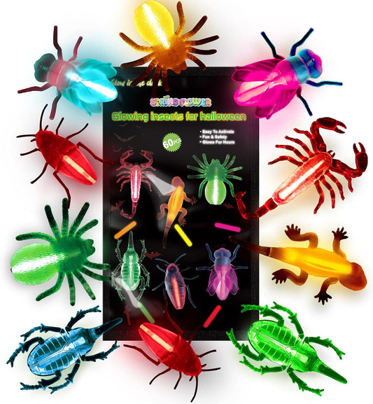 SpringFlower 60pcs Halloween Glow Critters Set for Halloween Party Favors,18 Critters Toys and 42 Glow Sticks, Glow in The Dark Party Favors, Halloween Goodie Bag Fillers, Halloween Miniatures.