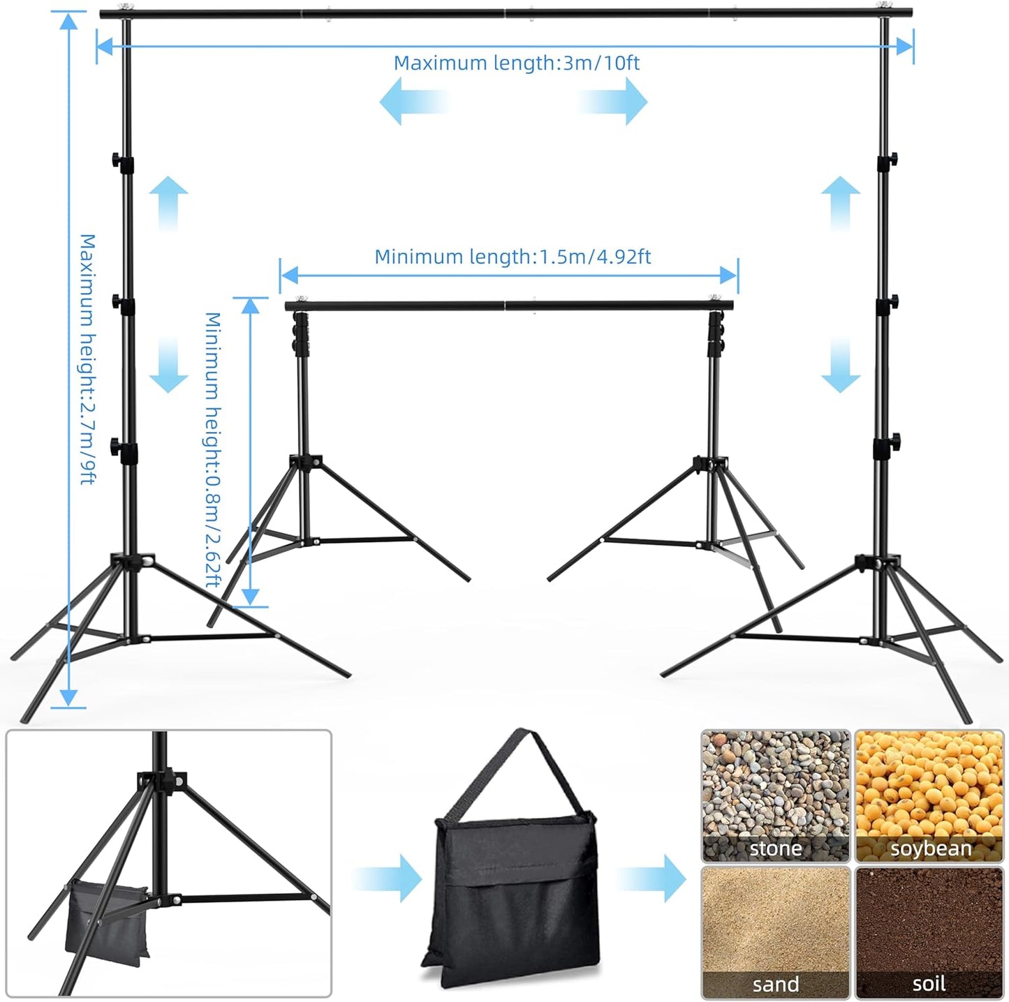 Photo Backdrop Stand 9ft x 10ft Photograhy Adjustable Background Stands Support Kit with Carry Bag for Photo Studio, Photoshoot, Parties, Photographic Equipments