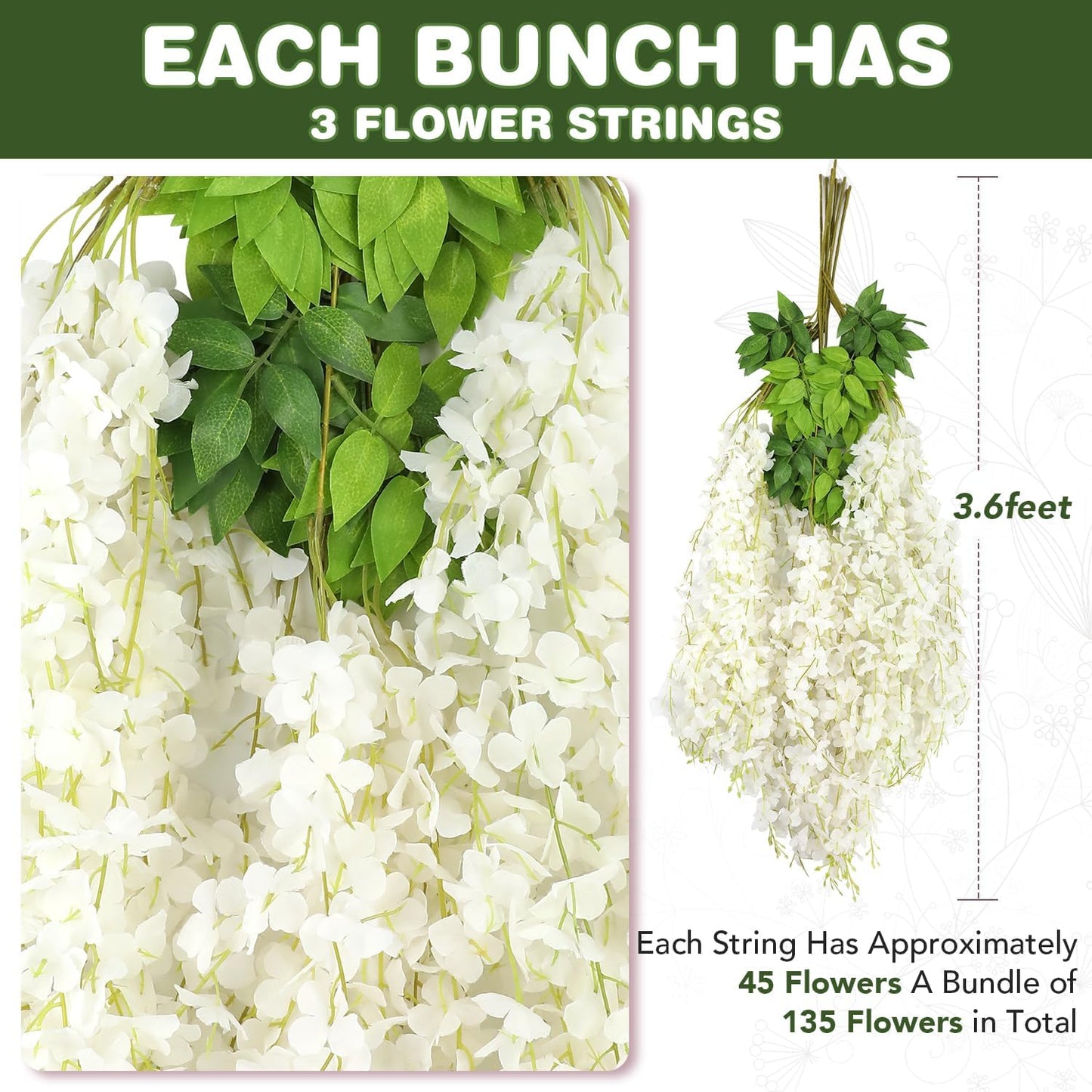 Wisteria Hanging Flowers,Fake Hanging Flowers,Wisteria artificiales Garland for Home Wedding Arch Floral Party Garden Ceremony Outdoor Decor,3.6 feet Long(48,White)