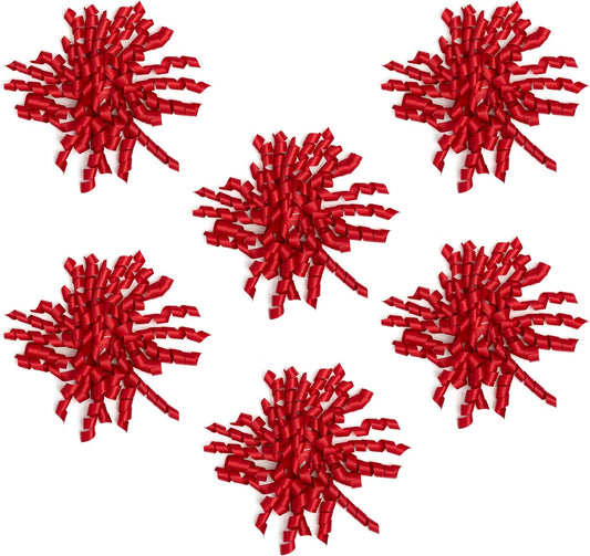 6 Inch Red Curly Bows for Gift Wrapping Set of 6, Self Adhesive Bows Red Gift Bows for Presents, Satin Ribbon Bows for Birthday, Wedding, Christmas, Bridal Shower, Gift Wrap Accessory