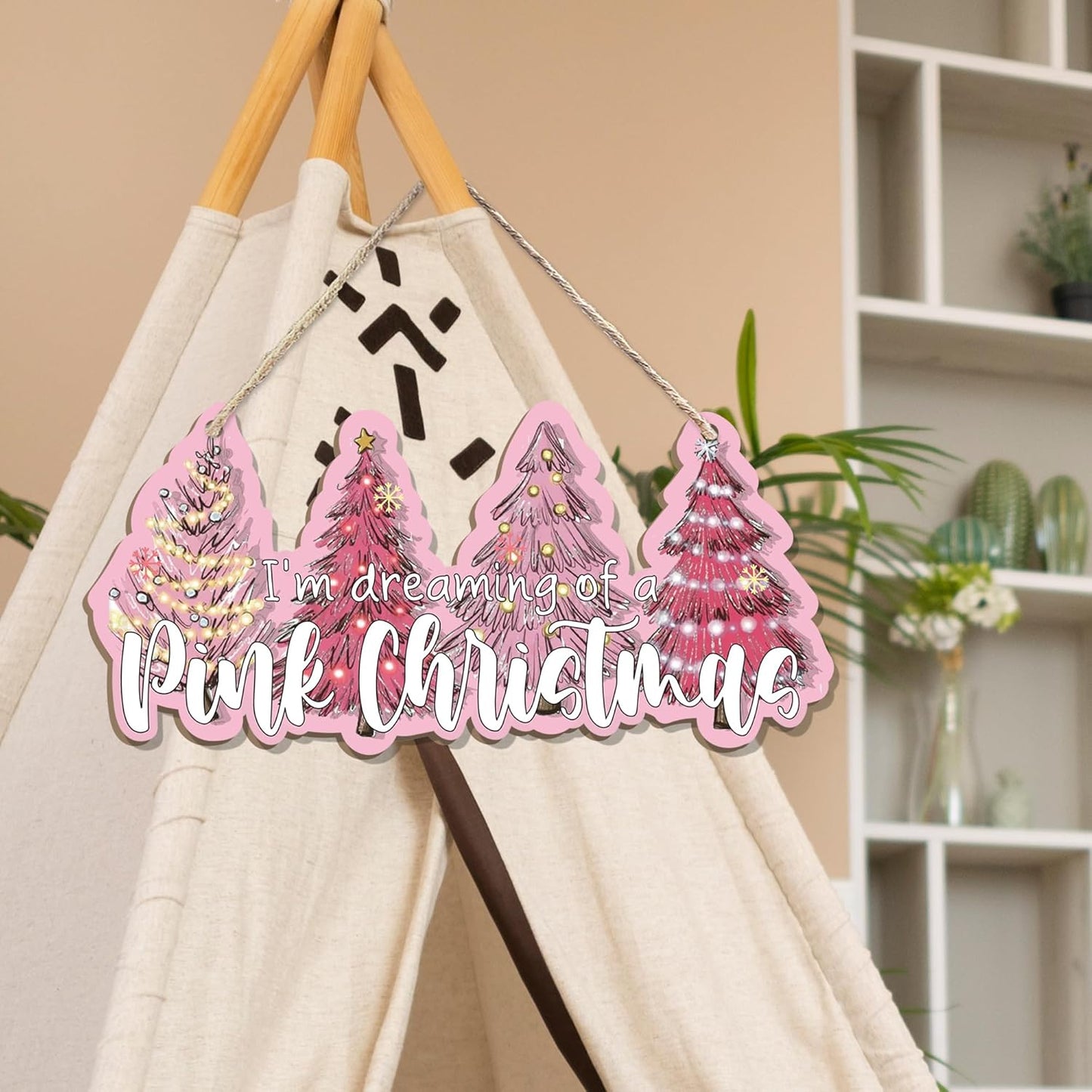 CGBHW Pink Christmas Tree Wooden Sign, I’m Dreaming of a Pink Christmas Snowflake Decoration Hanging Sign Wall Decor, Winter Holidays Theme for Home Office Girls College Dorm Door Decor 12 x 6 Inch