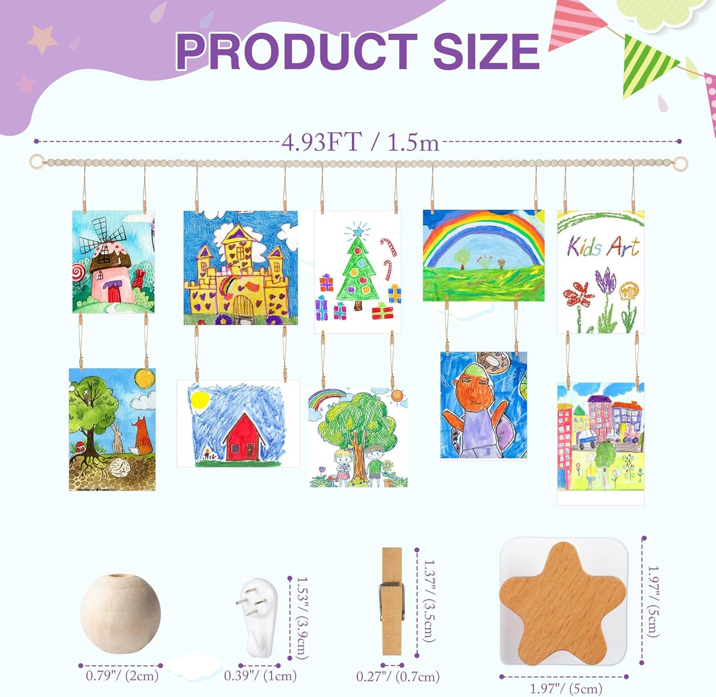 KOLLIEE Kids Artwork Display Art Wall Decor 4.93ft Boho Wooden Beaded Garland Collage Holder with Hanging Rings Stars Hook 40 Wood Clips for Kids Artwork Photo Room Bedroom Decor(Big Wooden Beads)