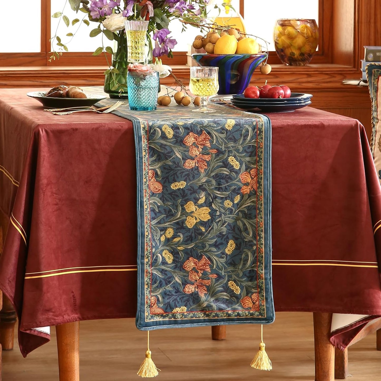 patdrea Designer Casual Wild Floral Velvet Table Runner 71 Inch Long, Dark Blue Occult Bouquets Pattern Table Mat, Decoration for Kitchen Dining Coffee Table Cabinet Banquet Thanksgiving,12"*71"