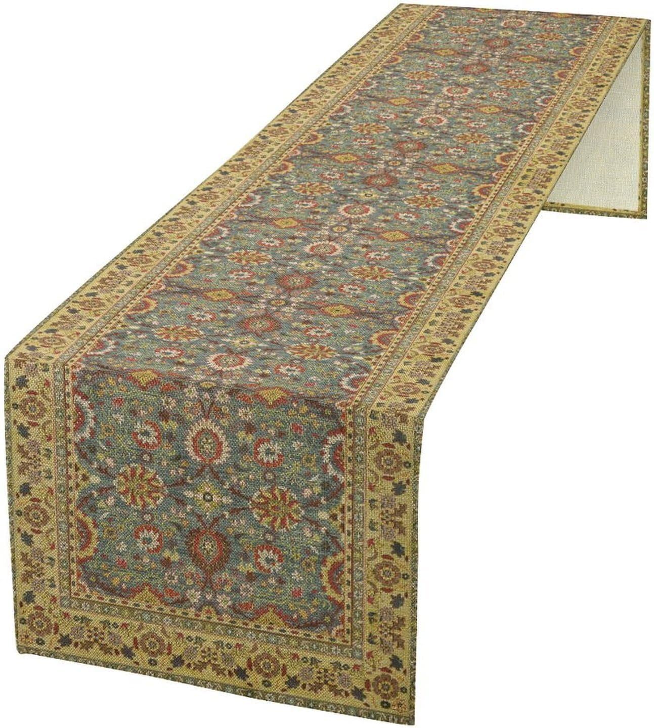 Boho Floral Vintage Beige Blue Table Runner, Retro Flower Rustic Country Farmhouse Abstract Pattern for Home Kitchen Table Decor Dining Coffee Room Party Decor 13x60in