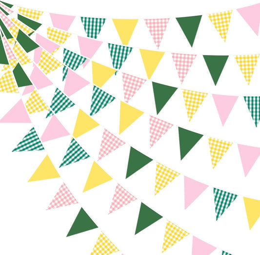 32Ft Camp Bride Party Decorations Pink Green Yellow Gingham Fabric Triangle Banner Flag Plaid Pennant Garland Streamers for Camping Bachelorette Glamping Baby Shower Picnic Birthday Decor Supplies