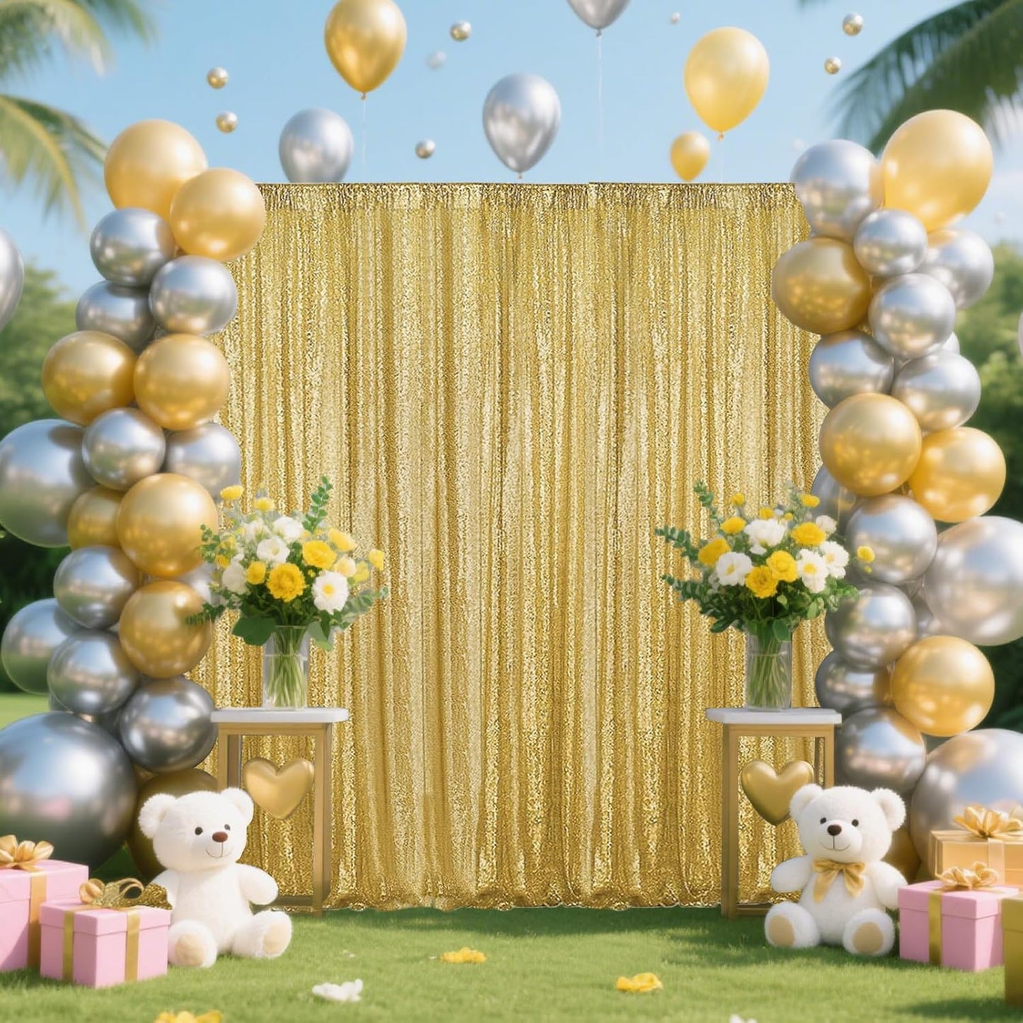 Gold Sequin Backdrop Curtain 2 Panels 2FTx8FT Glitter Photography Backdrop for Party Wedding Birthday Christmas Decorations