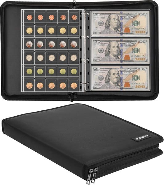 Fireproof Coin Collection Album for Collectors, 300 Pockets Coins Collecting Album & 36 Sleeves Money Storage Case for Coin Currency Collection Supplies, Bill, Pennies, Quarters, Stamp,F65C001B