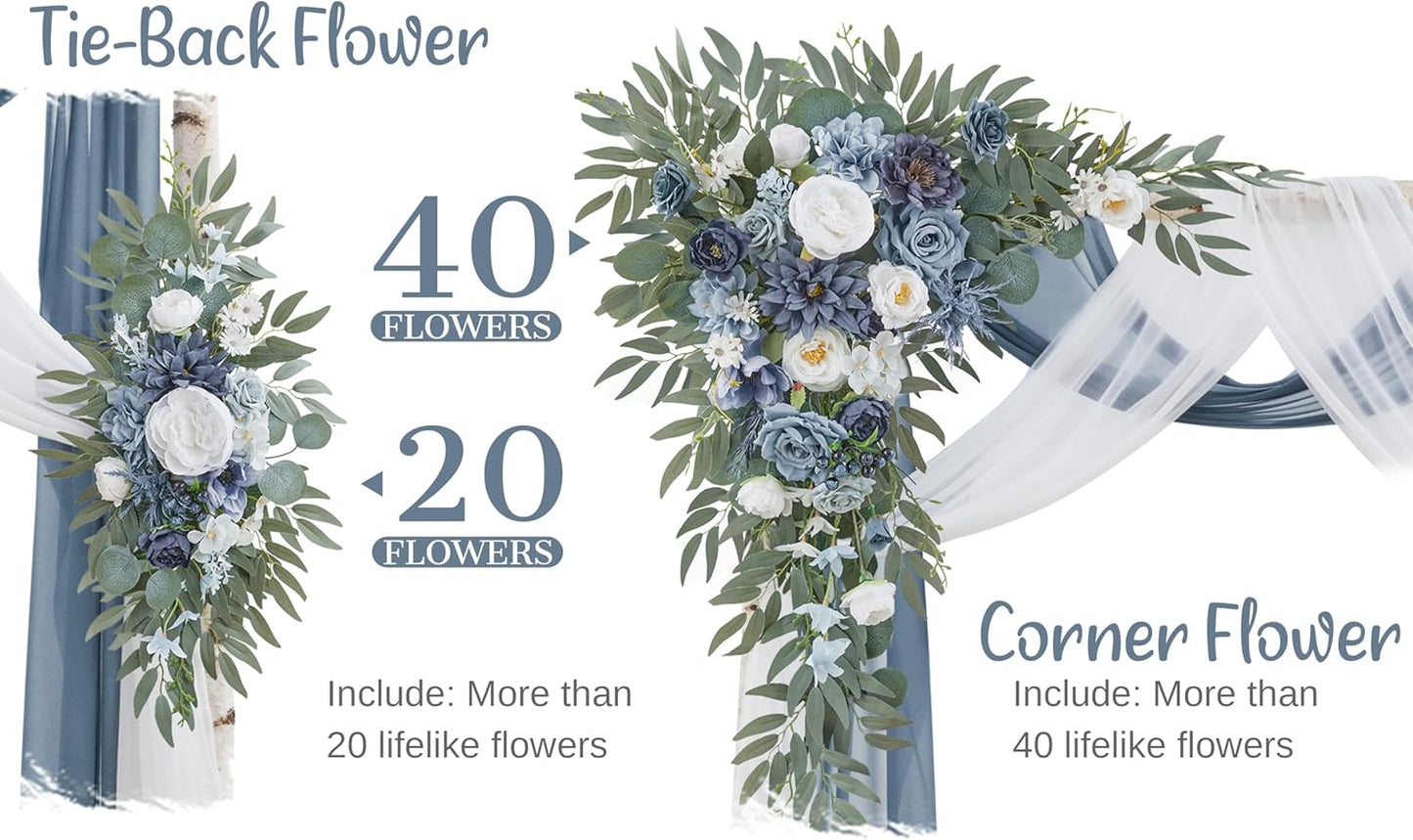 Wedding Arch Flowers with Drapes Kit (Pack of 4) - 2pcs Artificial Dusty Blue Deluxe Swag with 2pcs Sheer Drapes for Wedding Ceremony Arbor Reception Backdrop Rose Floral Decoration
