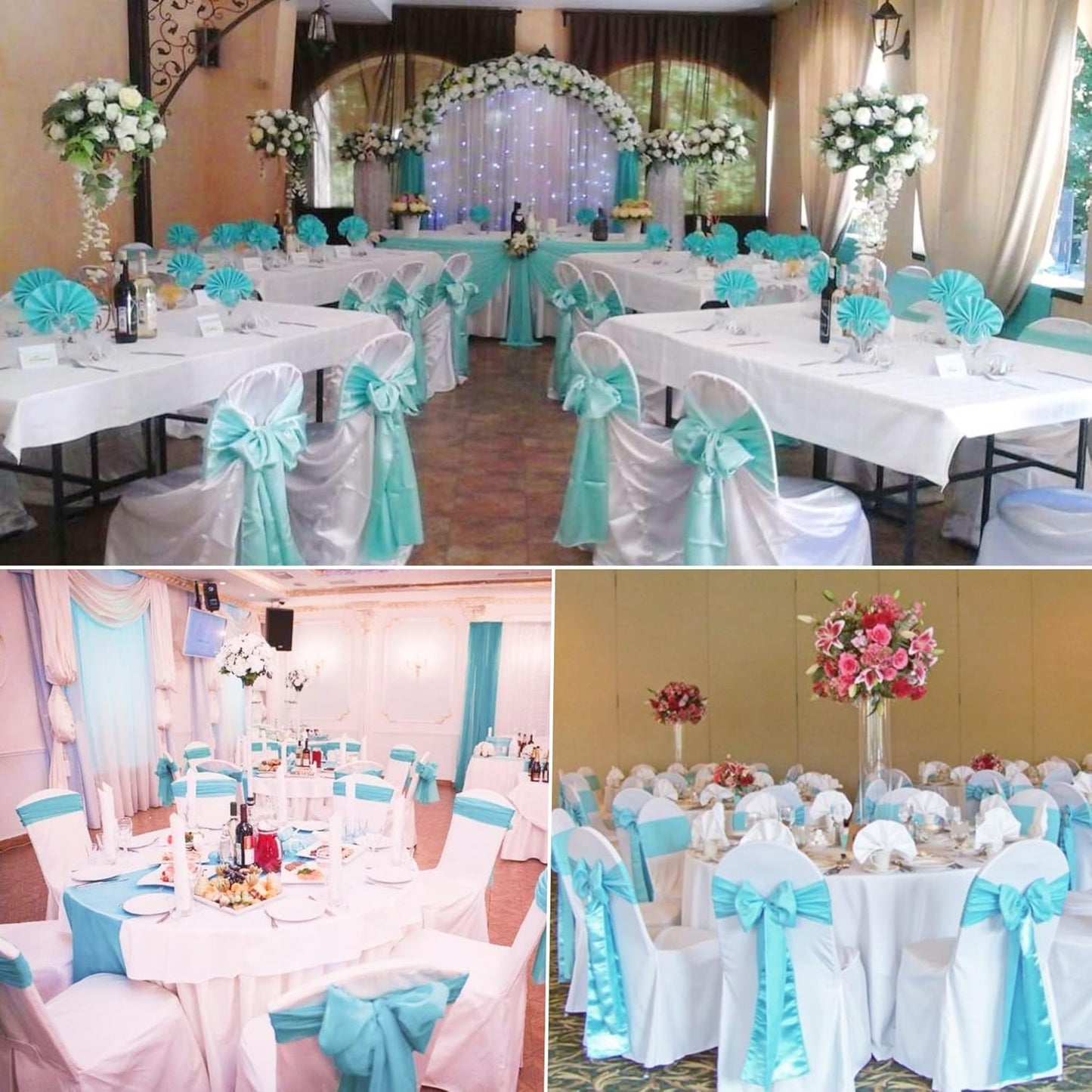 100 PCS Satin Chair Sashes Decorative Bow Chair Sashes Ties Back Ribbon Bow Chairs Cover Band for Wedding Birthday Party Ceremony Reception Event Banquet Hotel Home Kitchen Fall Decor(7 x108inch,Aqua)