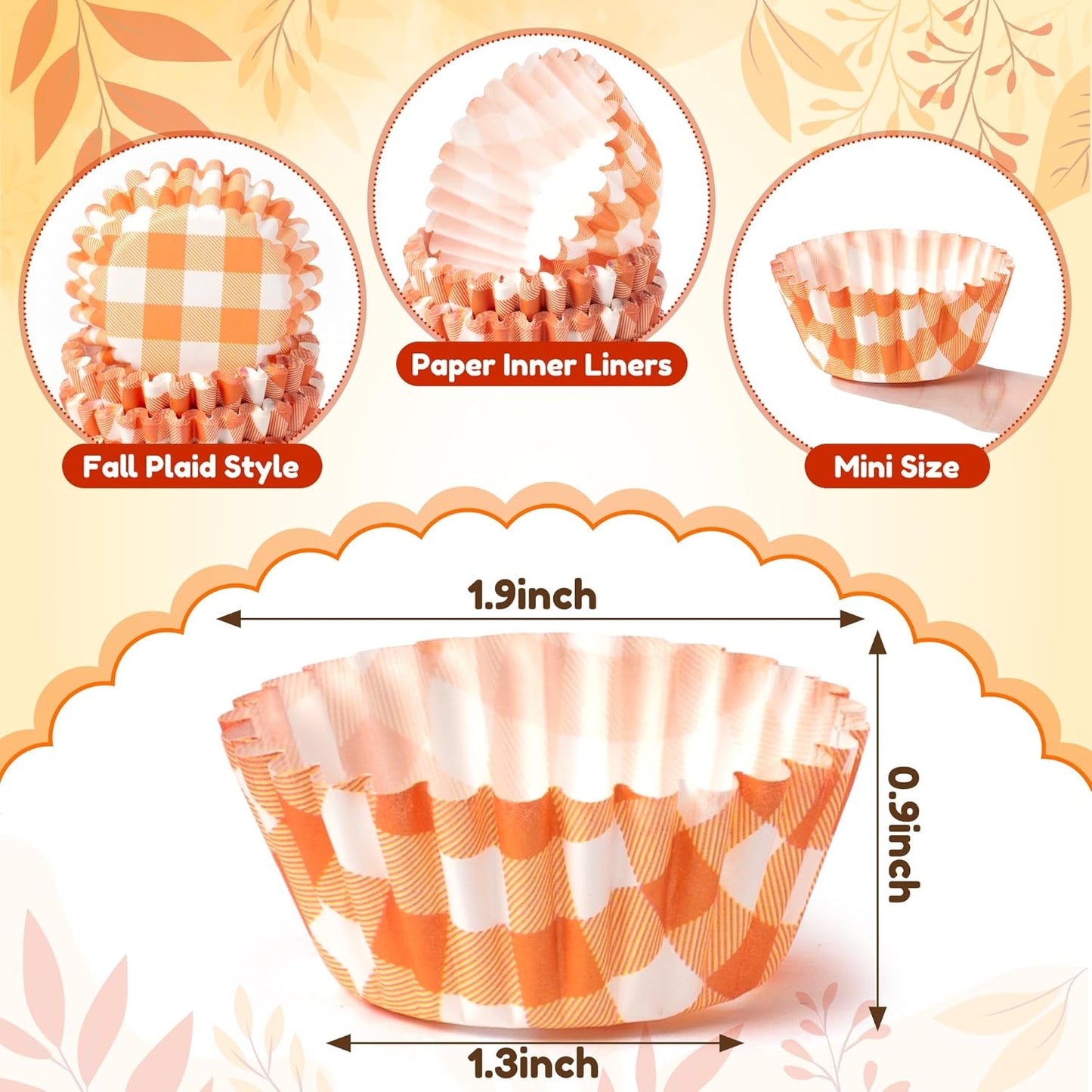 COcnny Fall Mini Cupcake Liners - 600pcs Autumn Plaid Muffin Small Paper Cupcakes Baking Cups Wrappers, Orange Brown Case Cake Wrap Making Supplies for Fall Thanksgiving Birthday Party (8 Styles)