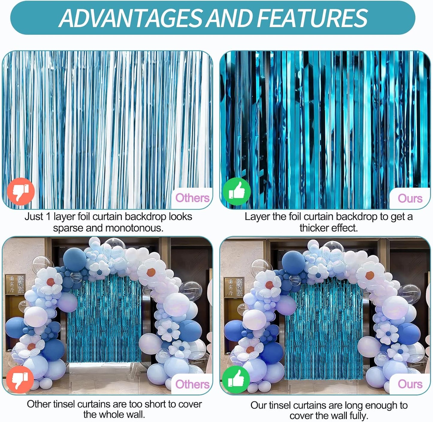 Crosize 3 Pack 3.3 x 9.9 ft Blue Foil Fringe Backdrop Curtain, Streamer Backdrop Curtains, Streamers Birthday Party Decorations, Tinsel Curtain for Parties, Galentines Decor, Preppy, Photo Booth