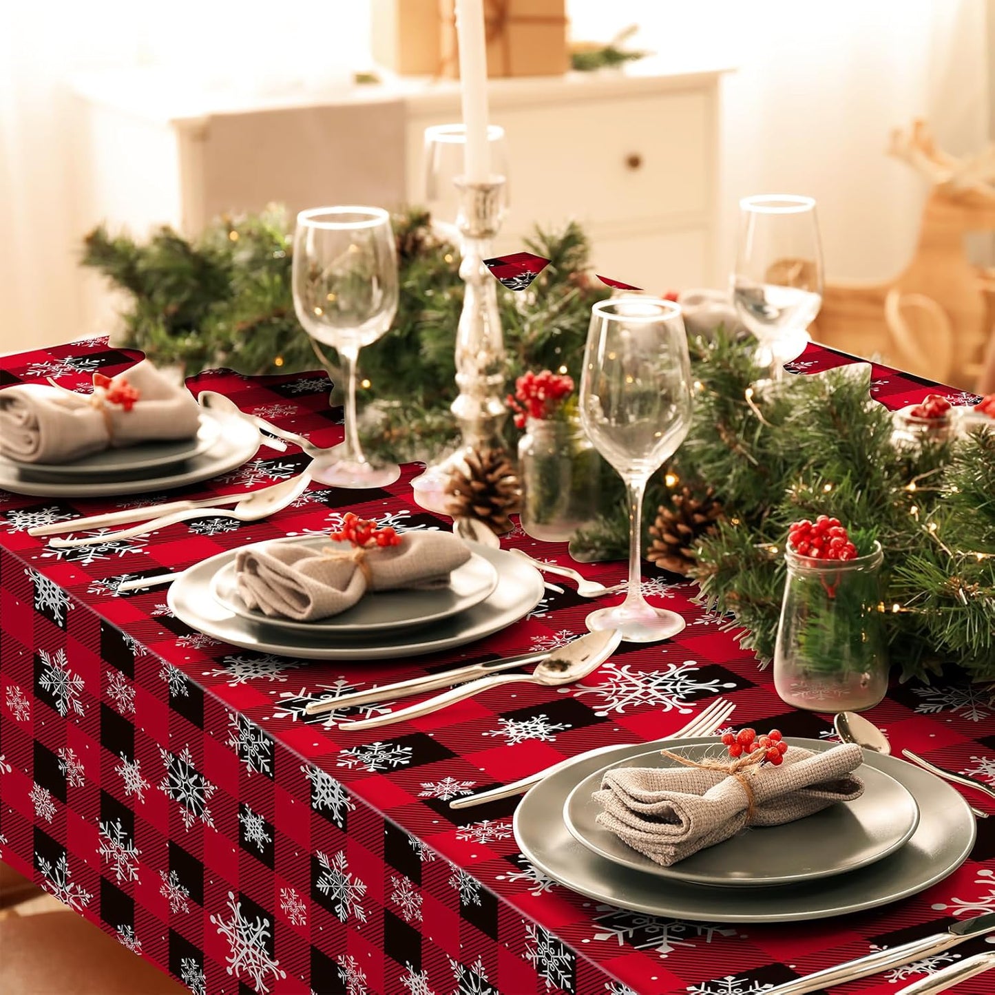 8 Pieces Red and Black Buffalo Plaid Merry Christmas Party Tablecloth Decorations,Plastic White Snowflake Buffalo Plaid Sign Table Cover for Winter Christmas Holiday Party Supplies,54x108 inch