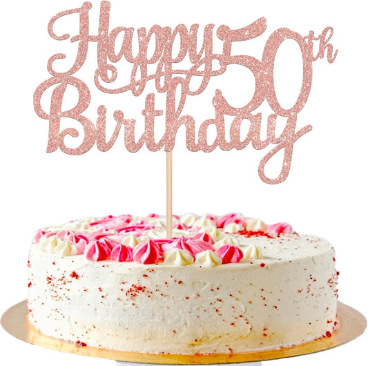 1 PCS Happy 50th Birthday Cake Topper Glitter Cheers to 50 Years Birthday Cake Pick 50 Fabulous Cake Decoration for Happy 50th Birthday Anniversary Party Decorations Supplies Rose Gold