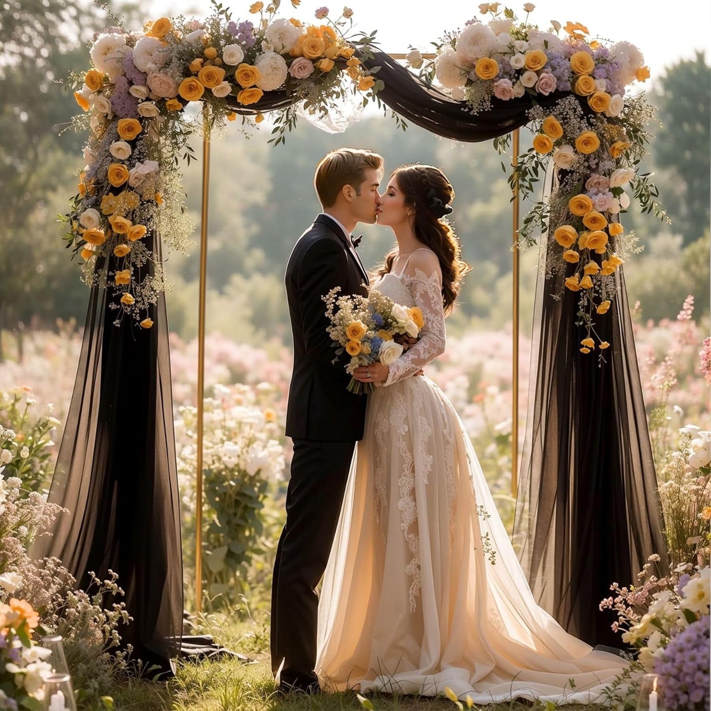 PARTISKY Wedding Arch Draping Fabric 19FT Black Drapery Sheer Curtains for Backdrop Wedding Arch Decorations for Ceremony Stage Reception Banquet Party（1 Panel）, Black