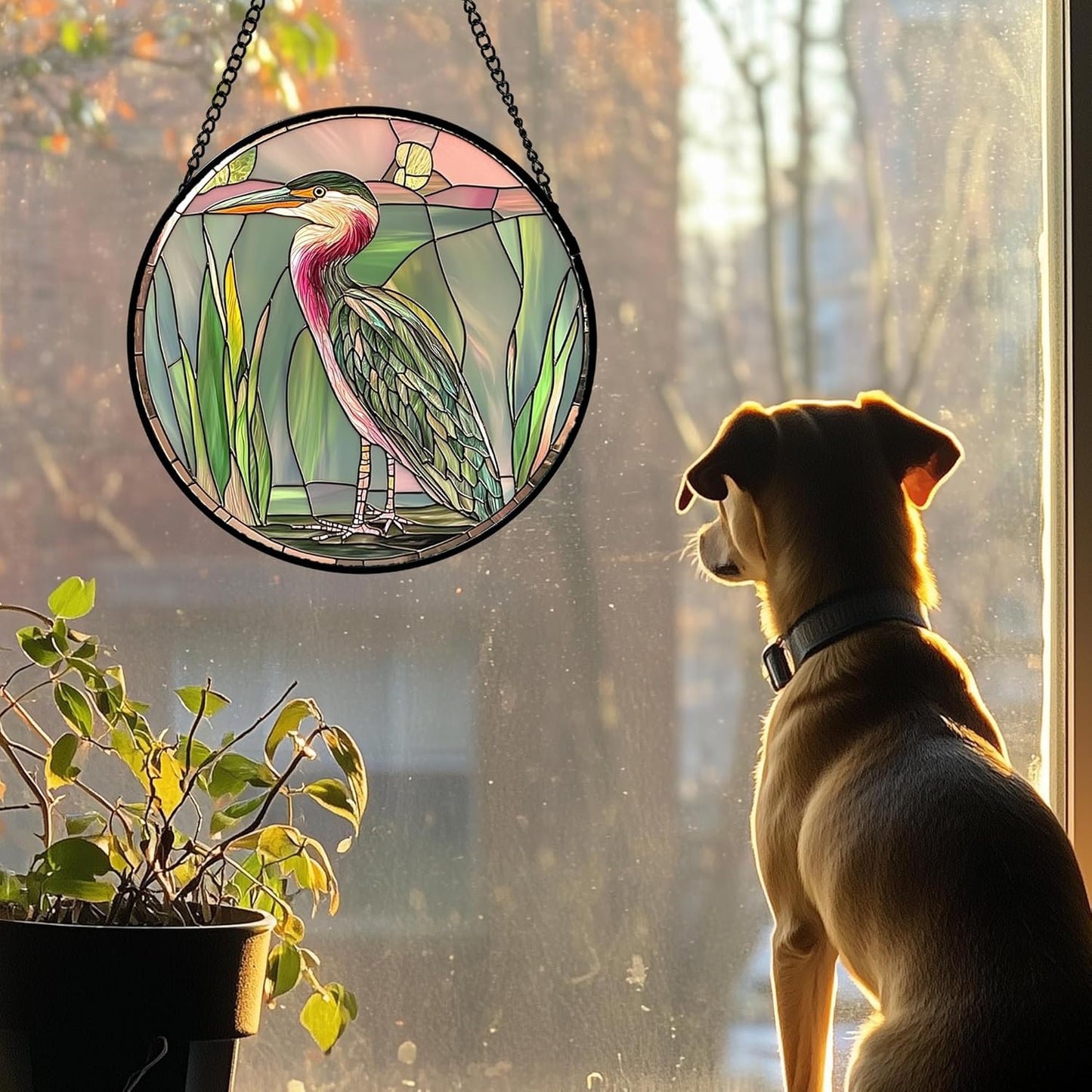 Stained Glass Window Hanging 4 Pcs Set Cute Animal Large 15"- Green Plant Pink Suncatcher Door Garden Sun Catcher Decor Birthday Christmas for Mom Woman Nana Men Friend