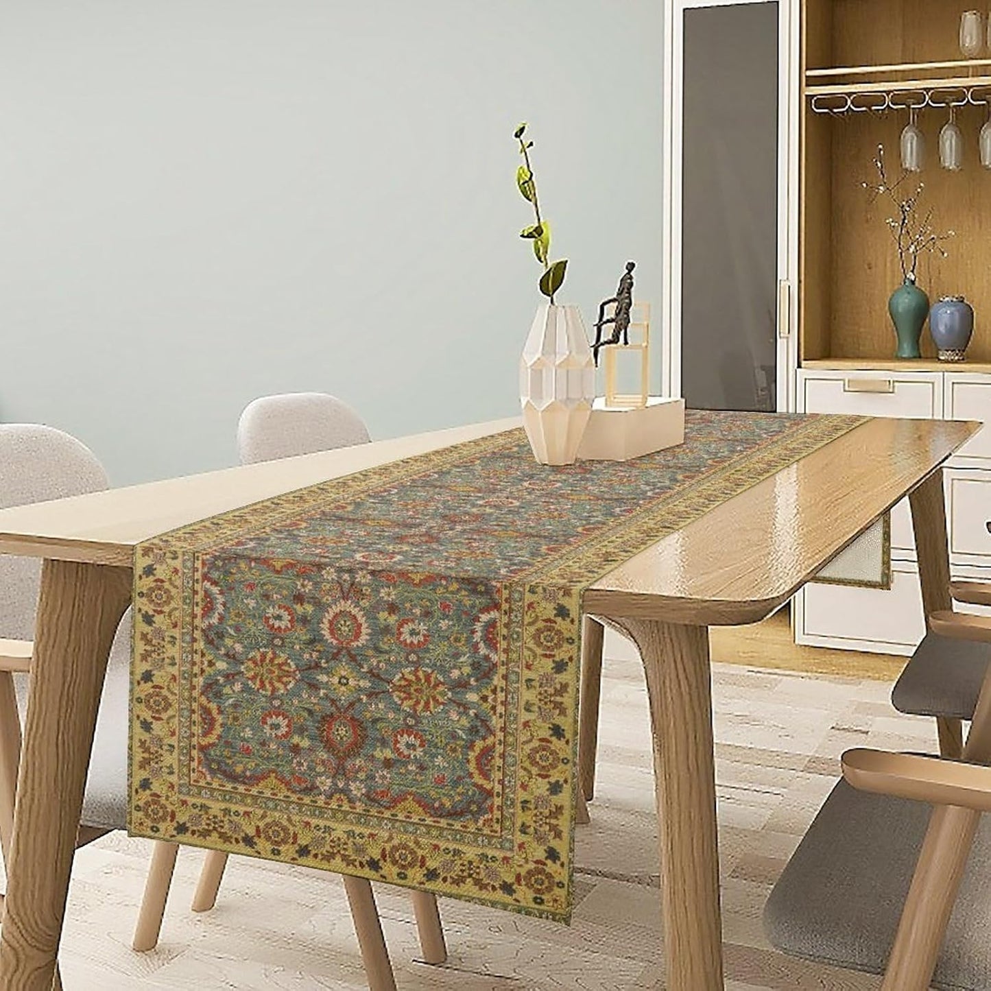 Boho Floral Vintage Beige Blue Table Runner, Retro Flower Rustic Country Farmhouse Abstract Pattern for Home Kitchen Table Decor Dining Coffee Room Party Decor 13x90in