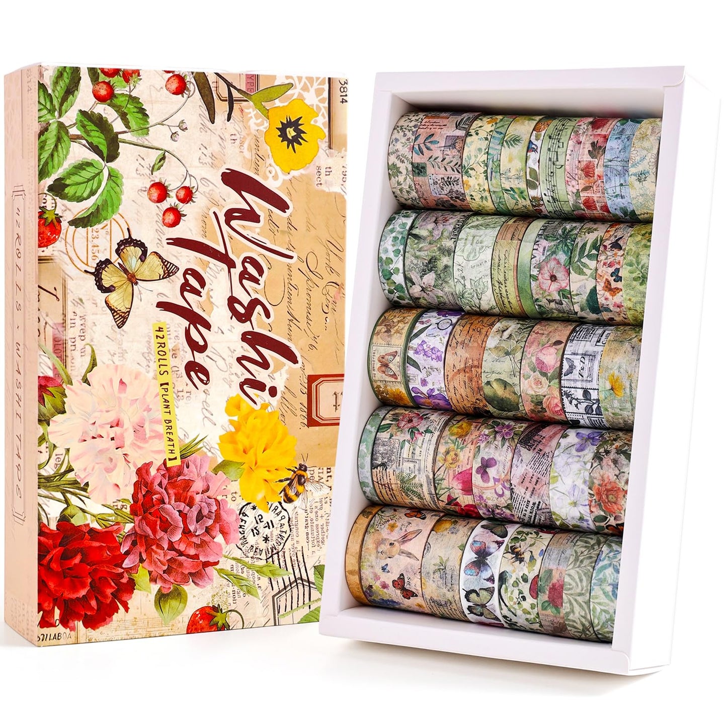 42 Rolls Vintage Washi Tape Set, Delicate Butterfly & Lush Floral Botanical Themed Writable Decorative Tapes with Retro Elements for Scrapbooking, Junk Journal Supplies, Bullet Journaling 5-25mm Wide