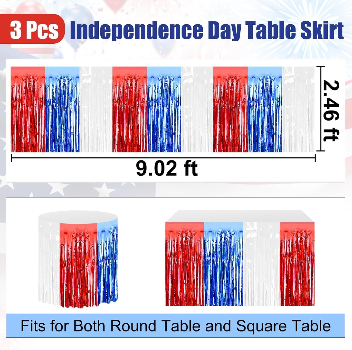 3 Pack 29 x108 Inch White Blue Red Foil Fringe Table Skirts Metallic Banner for Tinsel Streamer Garland Backdrop for Parade Floats Wedding Thanksgiving Birthday Christmas New Year Party Decoration