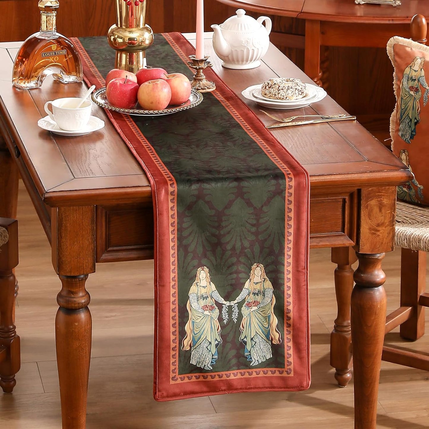 patdrea Designer Mysterious Oil Painting Figures Velvet Table Runner, Brown Green with Palm Frond Pattern Table Mat, Decoration for Kitchen Dining Coffee Table Cabinet Banquet Thanksgiving,12"*102"