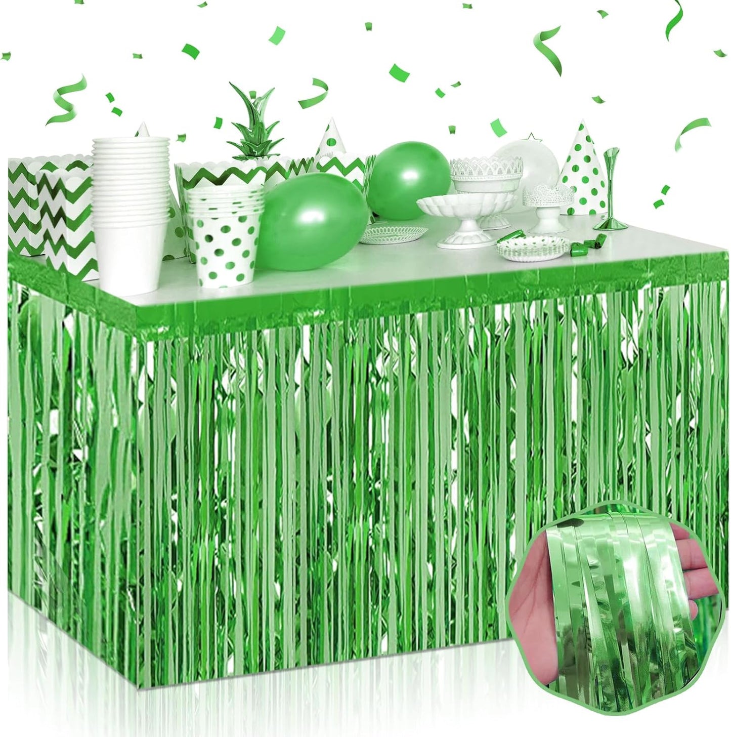 3 Pack 29 x108 Inch Light Green Foil Fringe Table Skirts Metallic Banner for Tinsel Streamer Garland Backdrop for Parade Floats Wedding Thanksgiving Birthday Christmas New Year Party Decoration