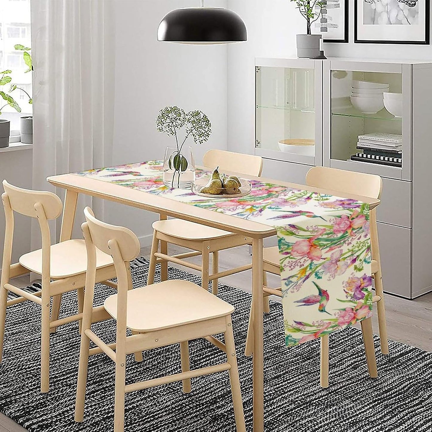 Hummingbird Table Runner,Pink Floral Country Style Table Runner for Kitchen Dining Table Home Party Decoration 13x60 Inch