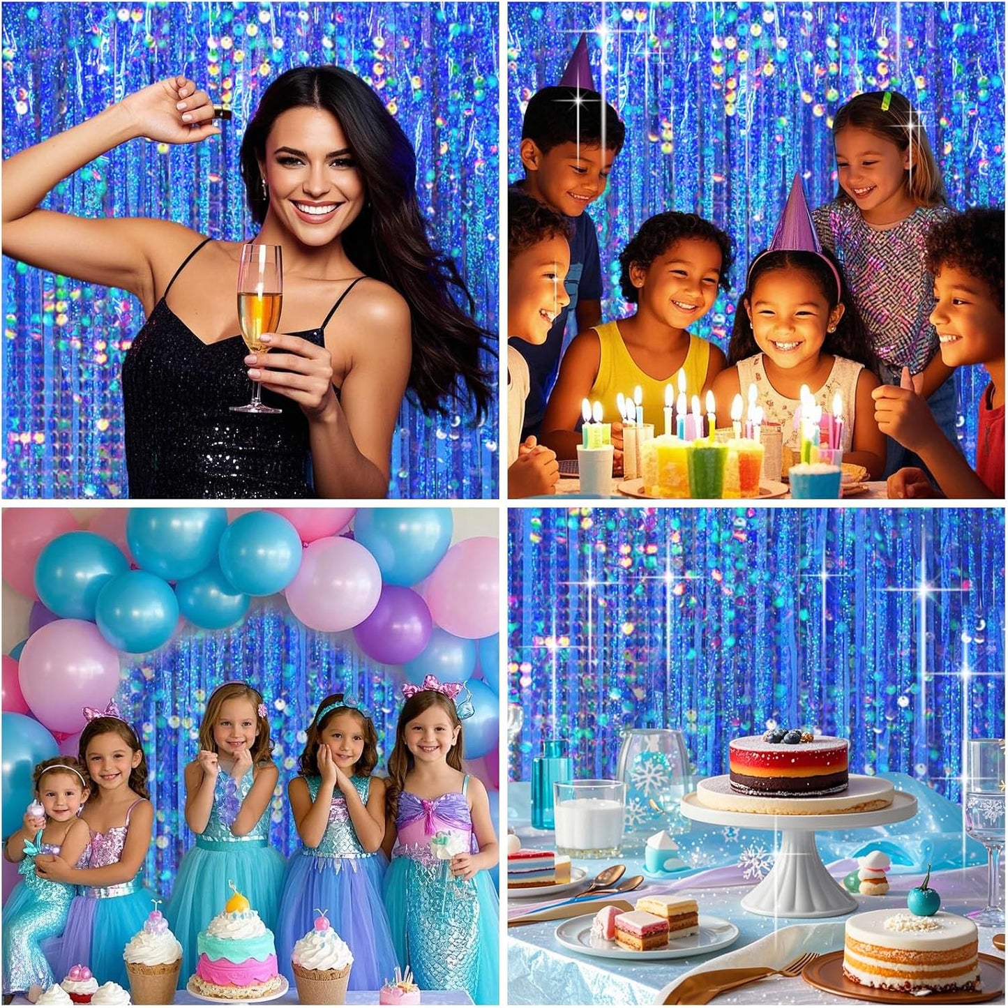 4 Packs Blue Foil Fringe Curtain, Navy Blue Metallic Tinsel Backdrop for Birthday, Wedding, Baby Shower, Bachelorette, Graduation, Galaxy Space Party Decorations Supplies