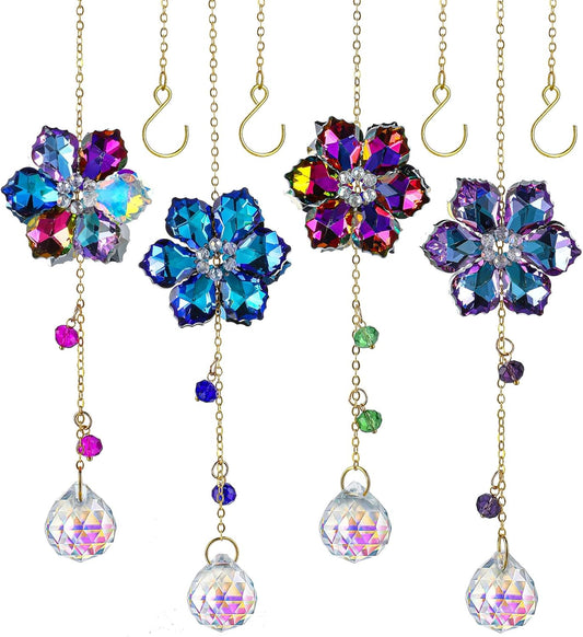 HDCRYSTALGIFTS 4pcs Crystal Flower Suncatchers for Window Hanging Ornaments, Rainbow Maker Crystal Sun Catchers Indoor Window Outdoor Patio Garden Decor Gifts (Multicolor)