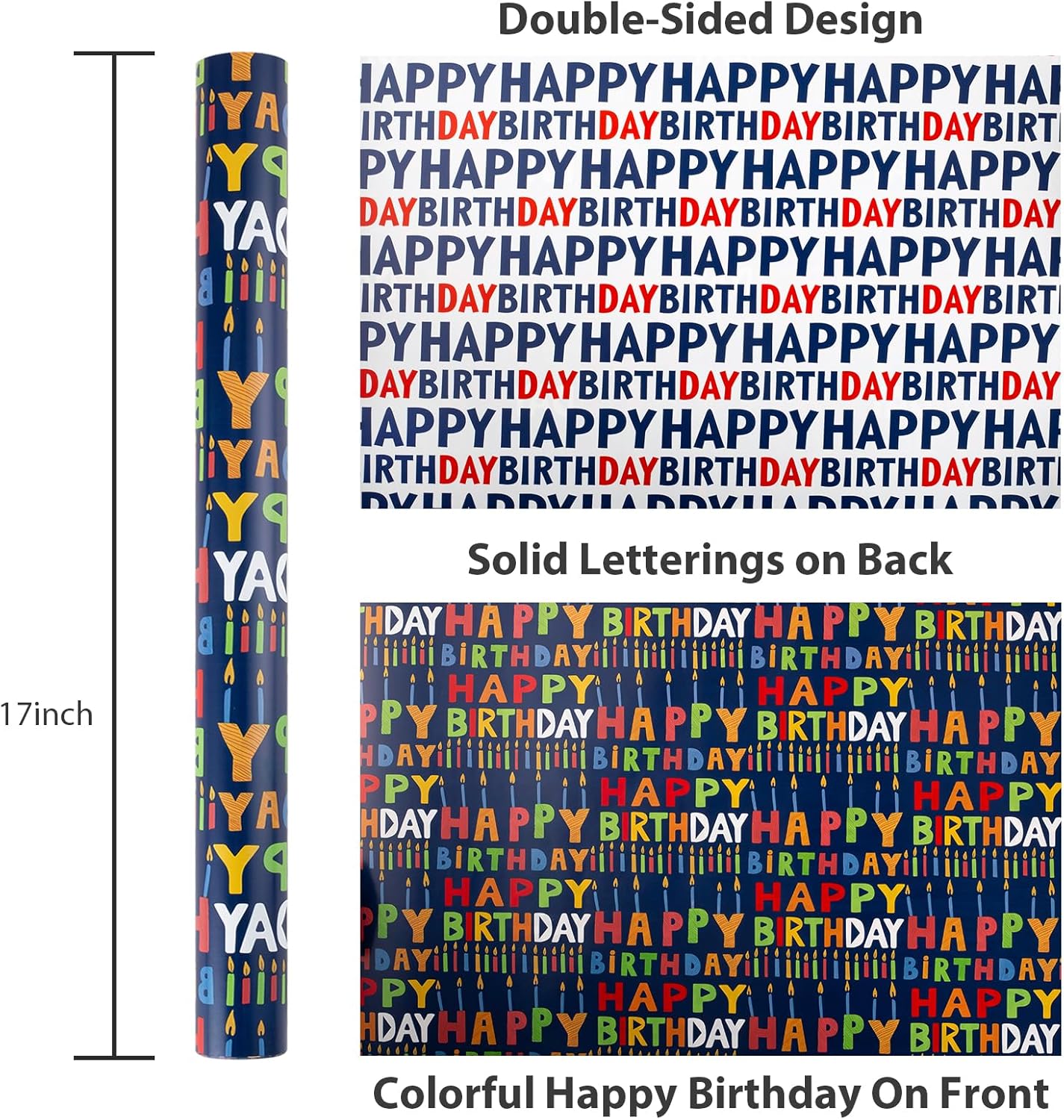Yarcony Reversible Birthday Wrapping Paper Roll - 17 Inch X 33 Ft(46.8 Sq.Ft.Ttl) - Creative Colorful Happy Birthday Lettering & Candle Navy Blue Gift Wrap for Party, Baby Shower & Holiday