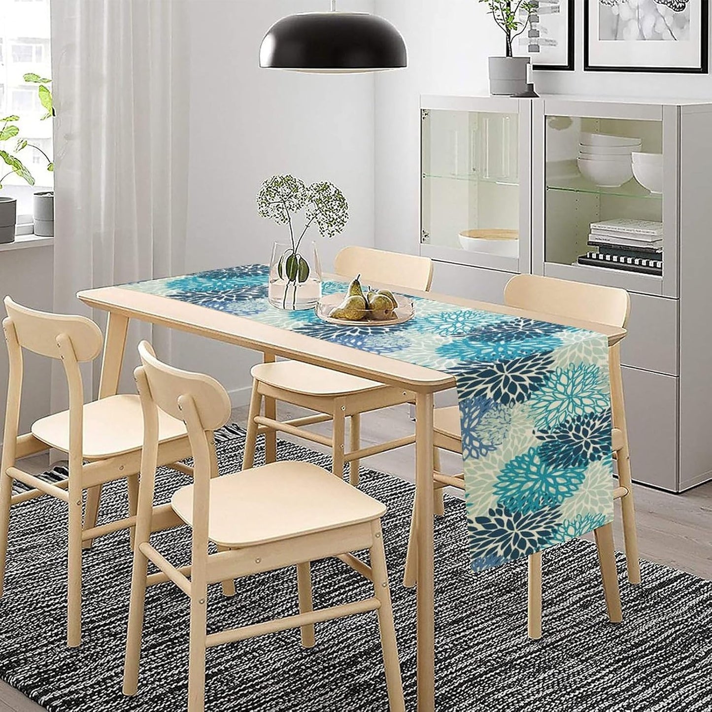 Floral Table Runner,Blue Flowers Print Spring Summer Table Cloth Kitchen Dining Table Home Party Decoration 13x90 Inch