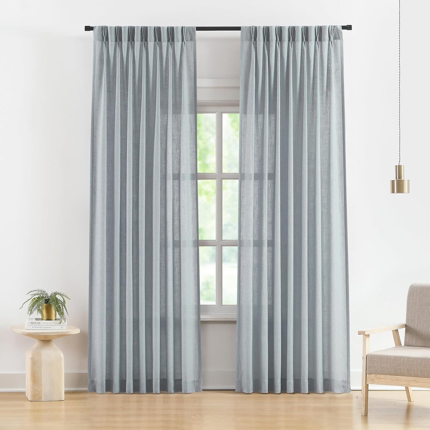 Vision Home Blue Fog Pinch Pleated Semi Sheer Curtains Textured Linen Blended Light Filtering Window Curtains 84 inch for Living Room Bedroom Pinch Pleat Drapes with Hooks 2 Panels 40" Wx84 L