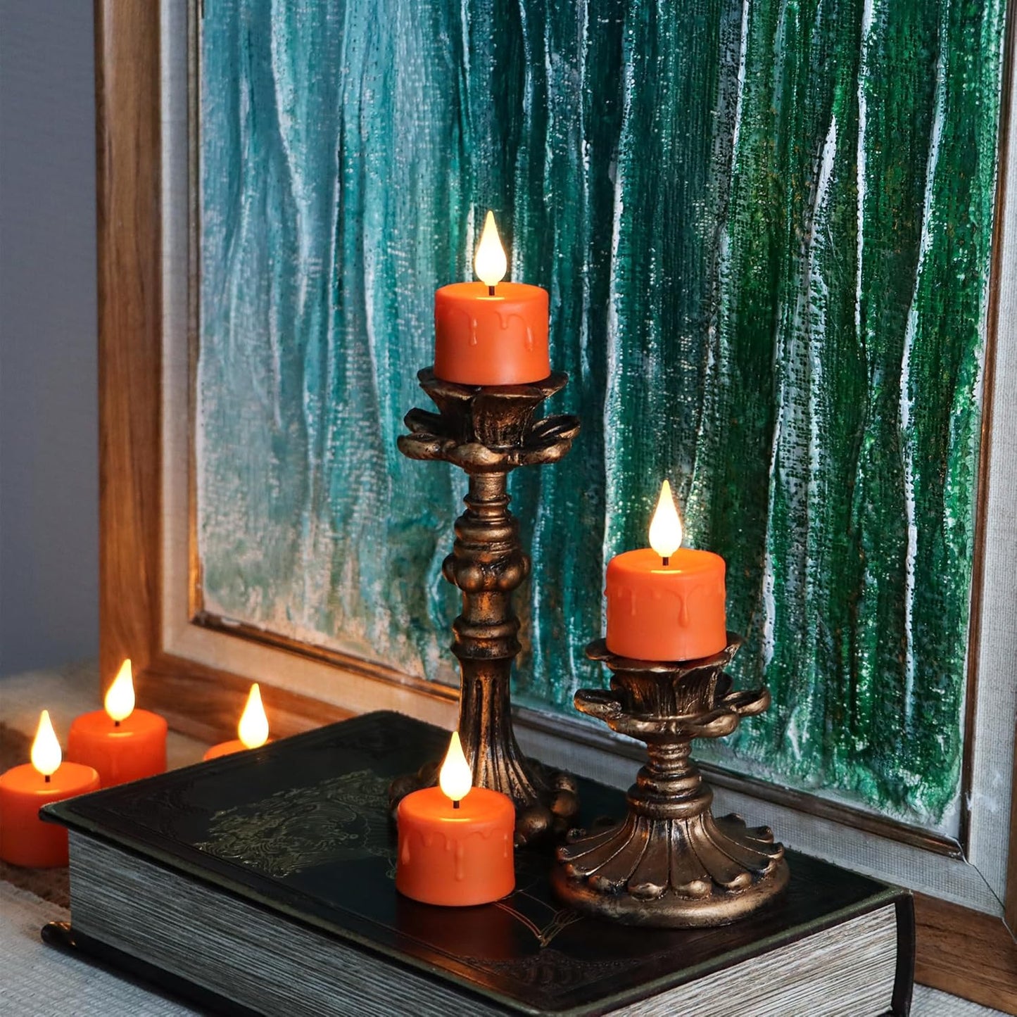 FREEPOWER Orange Halloween Candles,Rechargeable Flameless Candles with Remote Timer, Soft 3D Wick LED Tealights Candle, Rechargeable Candles Flickering Realistic for Halloween Decorations,Set of 6