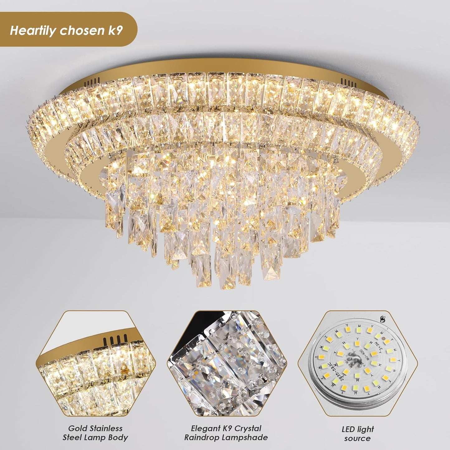 24 inch Crystal Gold Ceiling-Light Flush Mount with Remote Control and APP, 3CCT Dimmable & Brightness Adjustable, Modern Crystal Raindrop Chandeliers for Bedroom Hallway Dinning Room Living Room